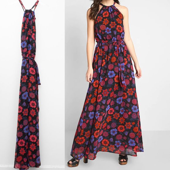 ModCloth Illuminated Elegance Dress Sleeveless Floral Maxi Black Red Large New - Picture 1 of 7